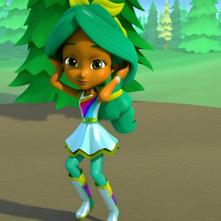 score_9, solo, pepperm_rr, dark-skinned female, green hair, long hair, ponytail, green eyes, dress, boots, pantyhose, tree, outdoors, hands in hair, looking at viewer