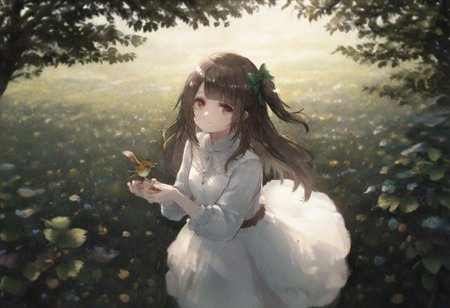 volumetric lighting, ambient occlusion, luminescent background, masterpiece, very awa, plants, flowers,
BREAK
dynamic pose,  looking at viewer, holding a bird with both hands, from above, depth of field,  leaf, branch, blurry background, absurdres, masterpeice, best quality, very aesthetic
BREAK
lovelive_kotori, white dress, gentle smile, grayish brown hair, green hair bow, bangs, one side up, long hair, brown eyes