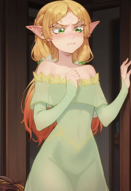 score_9, score_8_up, score_7_up, score_6_up, score_5_up, score_4_up, best quality, masterpiece, uncensored,BREAK ,   tsundere elf, long hair, blonde hair, green eyes, pointy ears, elf, multicolored hair, forehead jewel,elf, dress,1girl,solo ,light from behind
