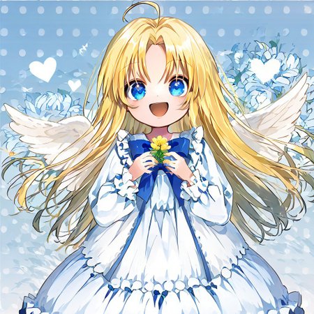 score_9, score_8_up, score_8, score_7_up, 
1girl, solo, AEFilo, blue eyes, blonde hair, ahoge, long hair, white wings, blue bowtie, white dress, frilled dress, frilled sleeves, long sleeves, barefoot, polka dots background, smile, open mouth, close shot, cute girl, looking at viewer,
cute, kawaii, hearts, holding flower, cupped hands,