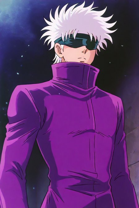 <lora:GojoSatoruPony:0.8> SatoruGojo, (gojou satoru:0.5), white hair, purple pants, high collar, blindfold, covered eyes, black blindfold, purple jacket, purple pants, 1boy, solo, alone, 1boy, solo, alone, upper body,  <lora:saint_seiya_style_illustriousXL:0.8>, saint_seiya_style, masterpiece, highres