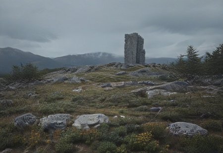 a minimalist big single monolith made of huge titanium block in the vast tundra landscape with small rocks and dense pine trees, a natural contemporary landscape, big dead trees and rotten bushes around, sky and clouds are dark blue and greenish, misty and black with clouds, dark atmosphere, huge mountains on the background, large format film photography style, frontal shot, over the shoulder view, architectural wide angle photography, sharp image, balanced composition,