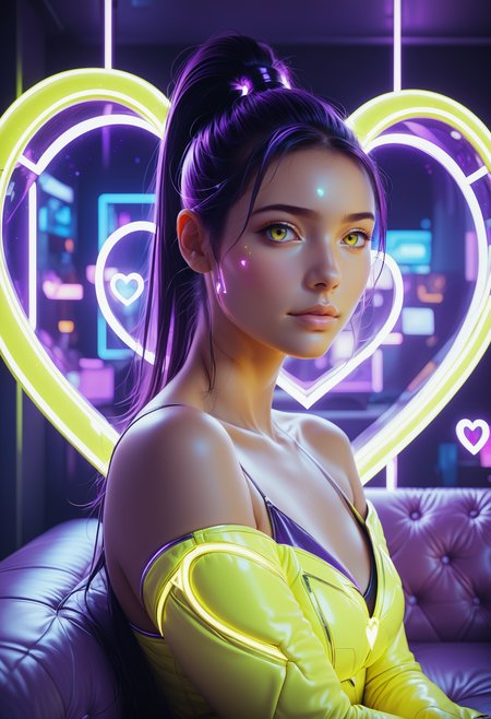 (((masterpiece))) , (((best quality))) , 2d, 8k. 1 woman, high ponytail, leaning on a neon purple couch with neon yellow pillows, the pillows are formed as a heart, SeijSDXL <lora:SeijSDXL-000006:0.7>, close up, portrait, looking at viewer, futuristic interior  <lora:FuturisticInteriorStyle:0.6> <lora:SDXLFaeTastic2400:0.5>