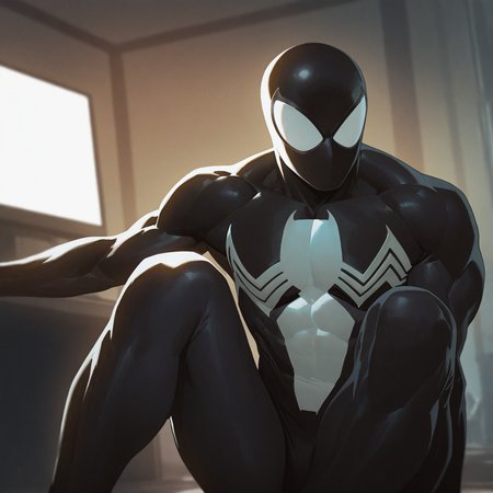 <lora:SPIDERMAN_CBS:1> spiderman_cbs, solo, 1boy, sitting, male focus, indoors, blurry, muscular, bodysuit, knees up, black bodysuit, retro artstyle, white eyes, no pupils, television, monitor, blank eyes, film grain, 1990s (style), superhero, tokusatsu, mask, glowing, computer, detailed background, motion blur, film grain, abstract, natural lighting, fantasy, cinematic, dynamic view, tilted angle, very awa, masterpiece, best quality, absurdres, newest, perfect quality, detailed background, intricate details,  (artist:fl \(l-fl\):0.7), (artist:tooboshoo:0.7), (artist:dizdoodz:0.8)