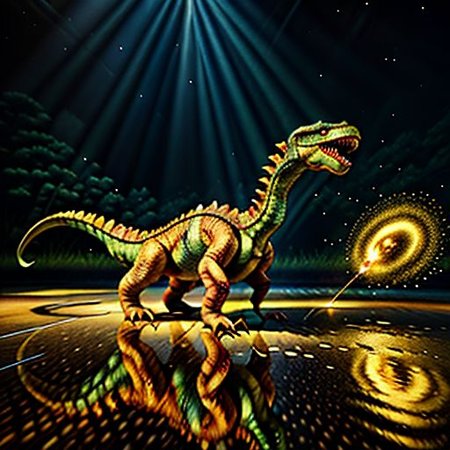 A reality distortion,Hyperrealistic, splash art, concept art, mid shot, intricately detailed, color depth, angle, side light, colorful background objects warping, melting, float, bend, twist, and stretch, Sharp image, 4k, 8k,, Detailed and Intricate, Cinematic, Dynamic Lighting, 4d dinosaur, 
OverallDetail