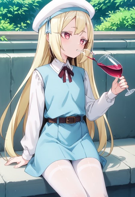 score_9, score_8_up, score_7_up, score_6_up, korisu, long_hair, blonde_hair, neck_ribbon, beret, collared_shirt, white_shirt, blue_vest, white_pantyhose, belt, pink_eyes, drinking, holding wine bottle, wine flows down the body