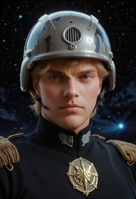 zPDXL3, 1boy, Reinhard standing, looking at viewer,  german_helmet, hair sticking out of the helmet, visible face, space station background