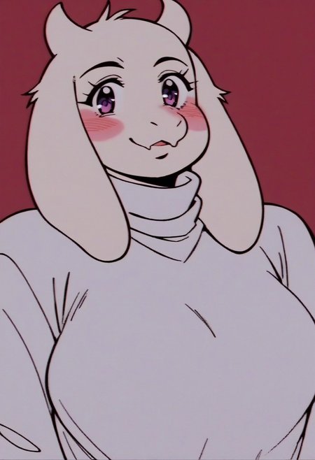 score_9, score_8_up, score_7_up, score_6_up, cute, beautiful face, beautiful eyes, Toriel, purple eyes,  chubby, blushing, thick thighs, goat snout, retro anime style, anime screencap