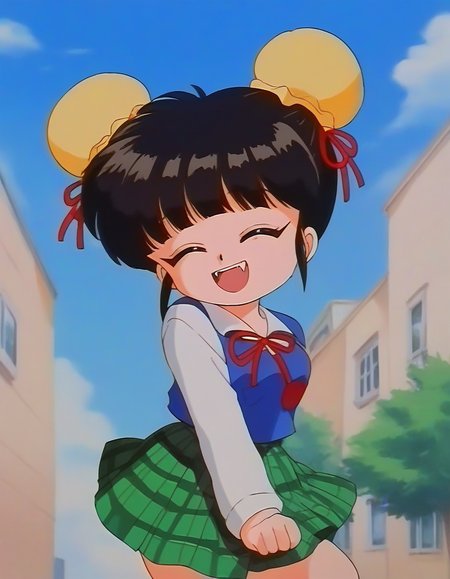 score_9, score_8_up, score_7_up, source_anime, rating_explicit, BREAK  <lora:Byouinji_Yunna_Anime_XL:1> ByouinjiYunna, short hair, bangs, black hair, brown eyes, short stack, solo, small breasts, 
1girl, solo, skirt, double bun, hair bun, fangs, closed eyes, blue school uniform, smile, bun cover, green skirt,ãplaid skirt,
outdoor. day, sky,