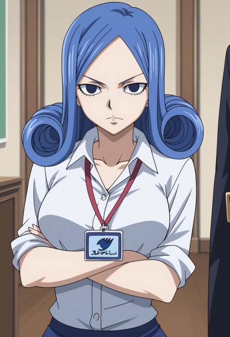 score_9, score_8_up, score_7_up, anime screencap, BREAK, 1girl, solo,   <lora:DX888Juvia:1>, juvia lockser, blue hair,  curly hair, blue eyes, ,   BREAK solo,crossed arms, upper body , looking at viewer,,  white shirt, office lady,  pantyhose, lanyard,