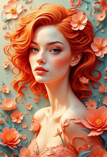 A beautiful and artistic paper cutout composition depicting a Ginger Beauty in an elegant, handcrafted style. The compositions are intricately cut from high-quality textured paper, with soft shadows cast onto the background, adding depth and dimension. Surrounding the female are delicate paper cutout flowers, and swirling decorative elements. The lighting is soft and warm, enhancing the texture of the paper and giving the scene a handmade aesthetic. The background is complementary colored in a softly blurred gradient to keep the focus on the intricate details of the paper art