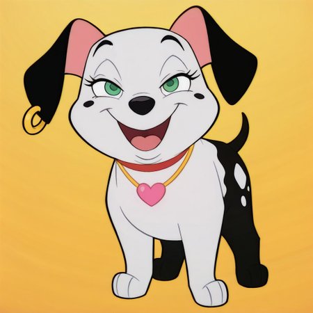 two-tone, disney, dog, dalmatian, black spot on cheek, black ears, golden hoop earring on right ear, white front half of body, black back half of body, two white spots on black half of body, black tail, green eyes, solo, full body, happy, female, standing, score_9, score_8, score_7, no humans, (((full body))), standing, solo, three-quarter view, female, feral, hight definition, no neckwear except pink heart necklace,  hyper detailed, best quality, amazing quality, 1girl, cute, cute smile, cute pose, 8k, masterpiece, eyelashes, half-open eyes,  slightly open mouth, smile, looking at viewer, sweety pose <lora:Furry_Enhancer Chroma V1:1>