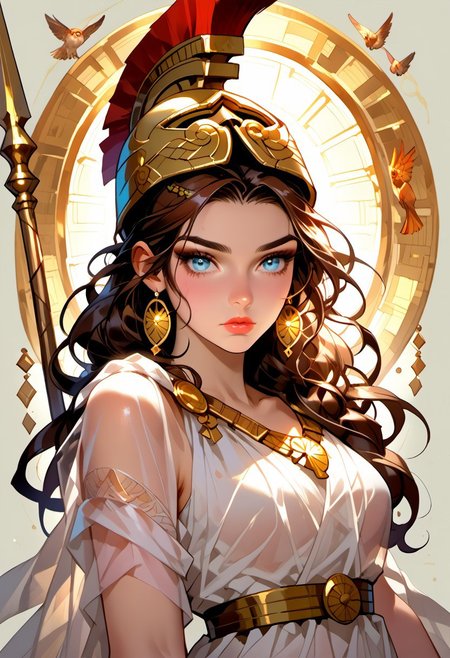 Stable_Yogis_PDXL_Positives, (score_9, score_8_up, score_7_up), ((zPDXL3)), ((zPDXLxxx)), ((Greek mythology style)), ((face focus, eye focus, dynamic angle, motion)), 1girl, solo, fantasy, (greek_athena, helmet ontop of head, brown hair, long hair, toga, armor, sandals), ((((sheer material, silk, semi-transparent clothes)))), (ancient greek clothes), (armor), (holding spear), lace, cape, breathless intimacy, tanned skin, petite model bombshell, heart, young, delicate features, narrow pointy nose, tiny nose, lust, big eyes, seductive eyes, blue eyes, detailed skin, flared lashes, mascara, makeup, perky huge breasts, athletic body, narrow waist, skinny hips, 
warm light, detailed, neon dark party
 BREAK
milky way, runes, arcane, astral, surreal, ethereal glow, masterpiece, best quality, intricate design. colorful, moonlit nightsky, stained glass aesthetic, moody whimsical color palette, murano glass, bold soldering lines, volumetric light shining through, crepuscular rays, intricate craftsmanship, detailed texture, luminous transparency, reflective light play, vivid hues, atmospheric depth, enchanting silhouette, art nouveau,