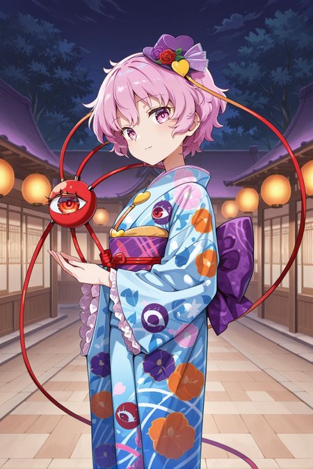 absurdres, highres, masterpiece, best quality, amazing quality, official anime artwork, screencap, anime screencap, looking at viewer, outdoors, night, light smile, 
<lora:Komeiji-Satori_IllustriousV2:1> komeiji satori, 1girl, solo, pink eyes, pink hair, short hair, third eye,, komeiji satori \(travel safety satori youkai\), alternate costume, mini hat, purple hat, hat flower, heart hat ornament, multicolored kimono, blue kimono, floral print kimono, eyeball, eyeball print, wide sleeves, lace-trimmed sleeves, furisode, back bow, purple bow,