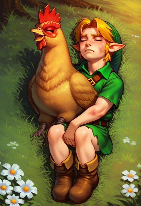 <lora:chicken_XL_pony_v1:1> chicken, BREAK score_9, score_8_up, score_7_up, 1boy, YLink, male focus, torn green hat, blonde hair, pointy ears, closed eyes, torn green tunic, brown belt, brown boots, laying on the ground, unconscious, knocked out, beaten up, defeated, covered in feathers:1.5, shallow depth of field, outdoors, forest, 1dk, ((full body)), Expressiveh