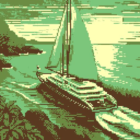 pixel art, A mesmerizing drawing of a sleek, opulent yacht gracefully gliding through cerulean waves, adorned with glistening chrome accents, billowing sails catching the golden sunset, and a luxurious deck hosting jubilant passengers basking in splendor