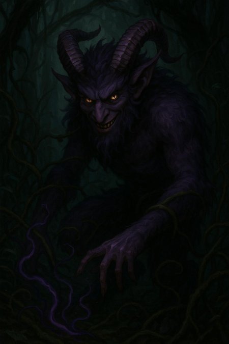 devious purple fur satyr, creeping in the forest, dark magic, vines