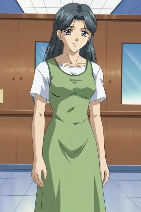 score_9, best, masterpiece, uncensored,
indoors,
1girl, solo, smile, retro artstyle, 1990s (style),
LTHRMNKazuho,
(ShortSleevedDressOutfit:1.2), loose hair, square neckline long green dress over white t-shirt,
<lora:LeathermanKazuho_V2:0.8>​​​