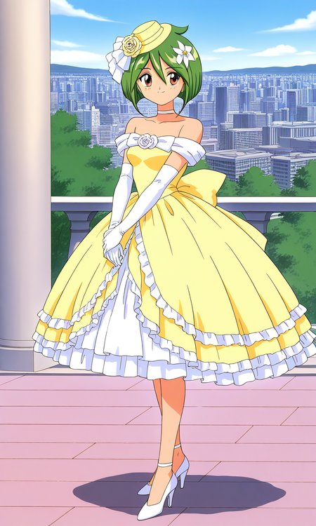general,highres, ultra-detailed,very aesthetic,best quality ,best hands,  BREAK <lora:Tamano_Hinagiku_IS:1> Tamano_Hinagiku, 1girl,solo, green hair, short hair, brown eyes, hair between eyes, 1990s (style),anime coloring, smile,
wedding dress, high heels, gloves, elbow gloves, 
hat, hair flower, full body, bow, bob cut, shoes, choker, white footwear, yellow dress, smile, standing, hair ornament,
white gloves, frills, bare shoulders, 
city, outdoor, day, sky,