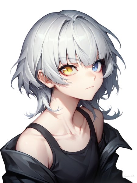 score_9,score_8_up,score_7_up,<lora:mygo:1>,1girl,black jacket,black shirt,blue eyes,bra strap,closed mouth,collarbone,hair between eyes,heterochromia,kaname raana,looking at viewer,off shoulder,portrait,sidelocks,simple background,solo,white background,white hair,wolf cut,yellow eyes,