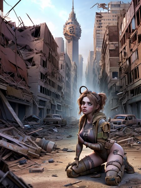 (disney:0.4)
(cartoon:0.3)
(pixar:0.8)
(3D:1.2),(Pui),(UHD:1.1), (nsfw:1.3), 
(detailed background visible:1.2),
(Photorealistic:1.2),
(portrait:1.1) of 1girl (wearing recycled material clothes) kneeling  inside a destroyed (city in ruins:1.2), flames, smoke, dust, (decay:1.1), (dim lighting), glowing LED, danger, nuclear hazard symbol, 
 <lora:Wasteland:0.8> Wasteland, the, and, with, wasteland, background,
(hyper detailed:1.2), 
(Style: subsurface scattering, analog style, realistic, film photography, highres photo, cinematic Lighting, trending on artstation, ((high quality:1.2, masterpiece:1.2)), (8k resolution),)