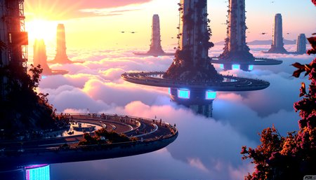 A city built on massive floating platforms above the clouds. Skyscrapers rise from the platforms, their bases shrouded in mist. The city is interconnected by sleek, transparent walkways, and the air is filled with flying vehicles and drones.Nature reclaiming parts of the city, with plants that glow with neon lights intertwined with the decaying architecture.Fields of plasma energy that distort light, creating shimmering waves of color and light around them. Random glitches in the holographic displays throughout the city, causing light to distort and break.Urban crystals that glow with a soft, inner light, embedded in the city's architecture.
A sunset that glitches and shifts in color, with rays of light that break into pixels and reform as they pass through the atmosphere.