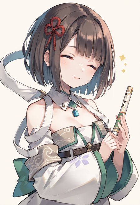 (score_9:0.9),score_8_up,score_7_up,rating_safe,anime style,(zPDXL),<lora:Xb3 miyabi ponyXL v1:0.8>, miyabi xb3, white detached sleeves, white dress, white detached collar, red hair ornament, 1girl, flute, solo, closed eyes, playing flute, music, simple background, holding, upper body, holding instrument