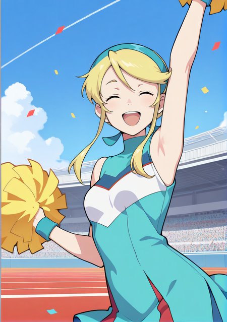 masterpiece, best quality, highres, newest, 1girl, solo, official style, <lora:IL_Lina_Davis:1>, lina, blonde hair, closed eyes, cheerleader, yellow pom pom, smile, outdoor, looking at viewer, smile, scenary, confetti, cowboy shot, centered image, open mouth, arm up, armpit