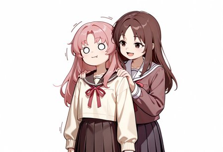 lazypos, girl focus, multiple girls, 2girls, school uniform, brown hair, fang, long hair, skirt, white background, long sleeves, simple background, pink hair, neck ribbon, open mouth, solid circle eyes, o_o, :d, smile, shirt, behind another, pleated skirt, serafuku, motion lines, parted bangs, jacket, closed mouth, ribbon, looking at another, hands on another's shoulders, arms at sides, AkiFnStyle