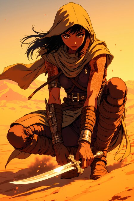 ne0nfant4sy, A desert rogue, her deep bronze skin glowing under the harsh, midday sun, crouches low, her dagger gleaming in her hand as sand whips around her. Her dark, almond-shaped eyes glint with sharp intelligence as she narrows her gaze, every muscle in her slender body coiled like a spring, ready to strike. Her dark brown hair, braided tightly to keep it out of her face, is covered by a tattered, sand-streaked hood. Dust clings to her weathered leather armor, and her scarf flutters in the hot wind, shielding her mouth from the desertâs searing breath. The intricate tattoos on her forearms glow faintly, imbued with the magic of the shifting dunes, while the endless desert stretches out behind her, vast and unforgiving. Her expression is sharp, almost predatory, as she assesses her next move, the dagger in her hand glinting with deadly purpose. Tiny motes of sand hang suspended in the air around her, frozen in the tension of the moment. The heat distorts the horizon behind her, making the distant dunes seem to ripple like waves in the sun.<lora:RetroAnimeFluxV1:0.5><lora:NeonFantasyFLUX:0.3>