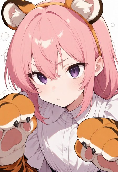 sscore_9, score_8_up, score_7_up, Tiger,CivChan, purple eyes, pink hair, half-side view,  The tiger has big paws, best quality, high  detail, 4k, upscaled, enhanced, detailed background,