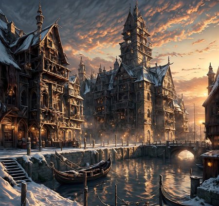 RAW photo, (masterpiece:1.3), subsurface scattering, heavy shadow, (high quality:1.4), (intricate, high detail:1.2), professional photography, HDR, High Dynamic Range, realistic, ultra realistic, photorealistic, high resolution, film photography, ambient lighting, atmospheric effects, <lora:detail_slider_v4:2>, OverallDetail, DarkFantasy,  <lora:Laketown:1>,architecture, barrel, boat, building, cloud, day, fantasy, flag, laketown, outdoors, plant, scenery, sky, snow, stairs, sunset, tower, water, watercraft