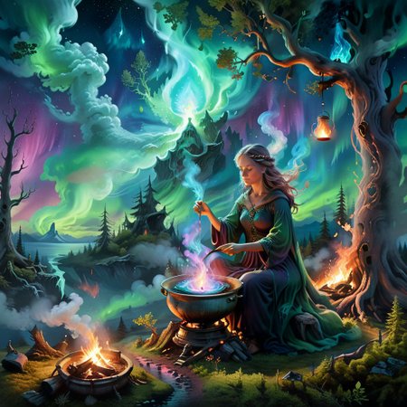 Fantasy concept art, woman brewing a potion over a fire set upon a cloud, ethereal nebula aura emanating from her figure, ingredients of imagination bubbling in a cauldron, auroras weaving through tall, ancient trees in the background, visual representation of mystical energies and connections, aurora borealis dancing vividly in the sky, digital painting, ultra realistic, dramatic lighting, breathtaking surreal masterpiece.