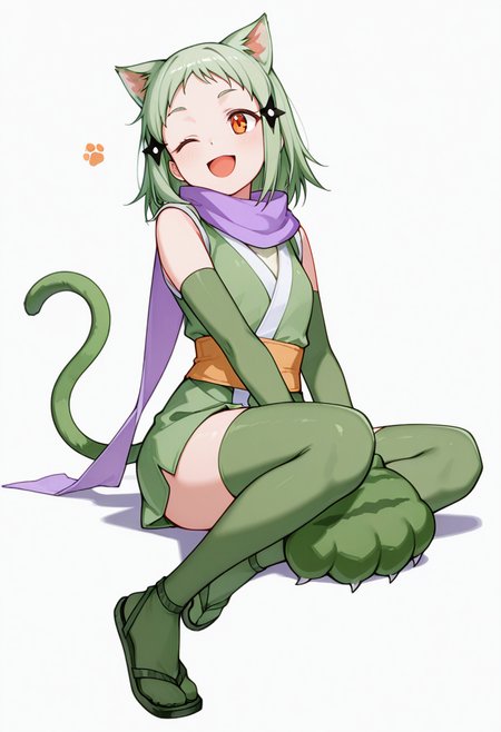 masterpiece,high quality details, absurdres, 
sitting sideways on surface, legs dangling, one arm supporting weight  ,
 <lora:Mao_Kusagakure:0.8>
mao_cnr, 1girl, green hair, short hair,orange eyes, cat ears,cat tail,hair ornament,
ninja, japanese clothes, kimono, sleeveless kimono,purple scarf,elbow gloves,green thighhighs, sandals,paw gloves,cat paws,, ;d,, simple background, white background, front view,solo,