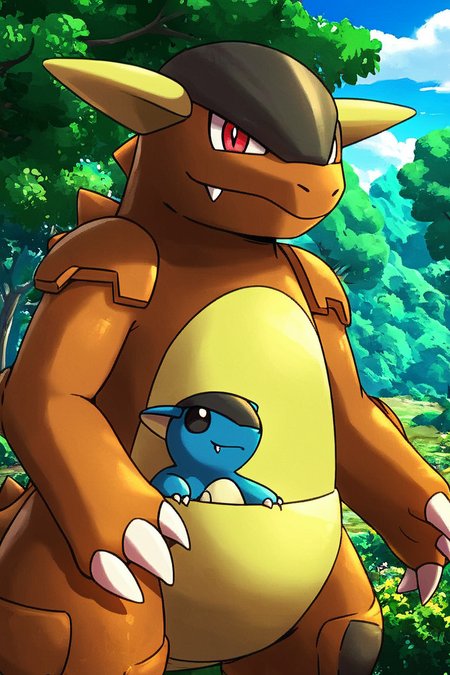score_9, score_8_up, score_8,   BREAK, , zzKhan, no humans, claws, red eyes, black eyes, fangs,   <lora:Kangaskhan_Pokemon_PDXL_v3:0.8>,  , BREAK, smile, looking at viewer, cowboy shot, ,,, outdoors, sky, day, cloud, tree, blue sky, sunny,  ,,, Expressiveh, ,,, <lora:Alola_Style_PDXL:0.8>, <lora:Expressive_H-000001:0.4>,