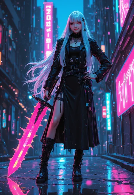 adult,
1woman,
masterpiece, best quality,high quality, newest, highres,8K,HDR,absurdres, weapon, white hair, solo, hair ornament,holding sword,spiked sword,giant sword, neon_sword, piercing, bangs, long sleeves, looking at viewer, very long hair,messy hair,hime cut,  red eyes, ear piercing, jewelry, holding weapon, dress, holding, outdoors, tattoo, earrings, boots, closed mouth, katana, smile, full body, reflection, blurry, blurry background,tokyo_lights,tokyo street,neon lights,cyberpunk, high-contrast lighting, intricate details, vibrant colors, reflective surfaces, dynamic pose, futuristic urban environment, glowing neon signs, cybernetic enhancements, punk aesthetic,  dynamic pose, dynamic composition,dutch angle, depth of field,dark_theme,detailed backgroud,foreshortening,blurry edges,
<lora:DRKWB:0.45> <lora:r-hrtdrp:0.3> <lora:MGE_V5.3:0.6>