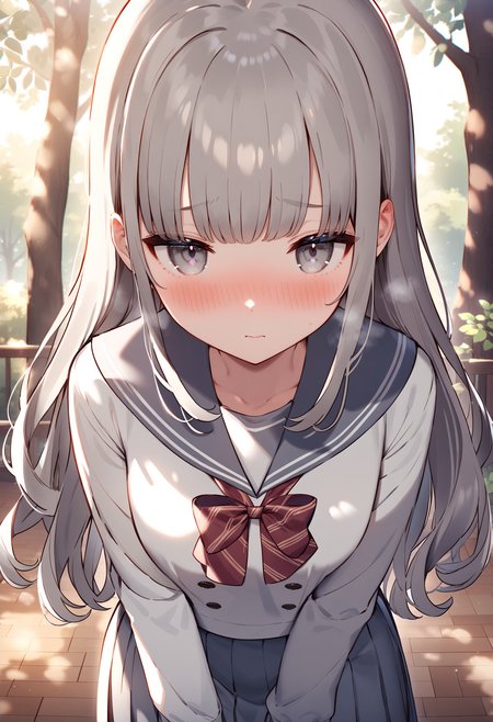 <lora:Animagine_Style5726786029:0.8>, 1girl, solo, bangs, blush, looking at viewer, indoors, outdoors, best quality, bow, closed mouth, cowboy shot, embarrassed, eyebrows hidden by hair, grey eyes, grey hair, long hair, long sleeves, sailor collar, school uniform, sidelocks, standing, tree