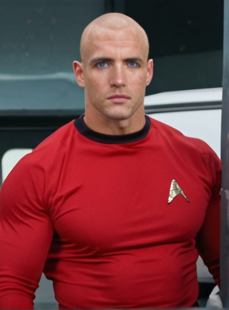 1boy, 20 year old male, Handsome, masculine, blonde, star trek, red shirt, muscle,  tall, tight shirt, wide pectorals, big shoulders, wide shoulders, muscular neck, German, bald, big pale blue eyes,

stunf, star trek uniform,