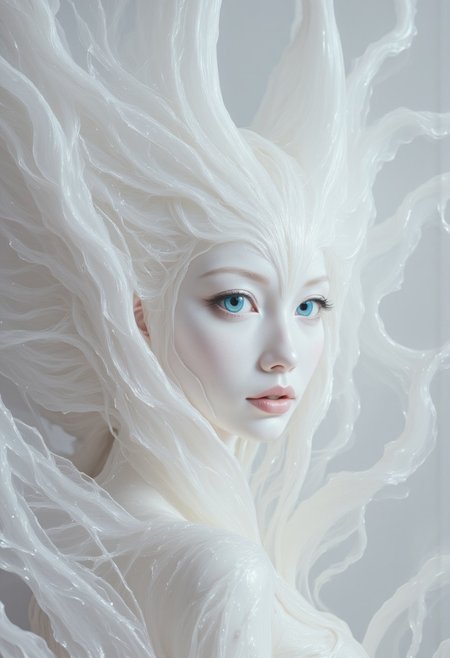 A closeup, surreal, ethereal portrait of a woman with a hauntingly beautiful, almost angelic presence. Her pale complexion is luminescent, blending seamlessly into the pure white background, creating an impression that she is emerging from light itself. Her very large piercing blue eyes are the focal point, their crystalline clarity and soft glow conveying a sense of otherworldly wisdom and calm. Her long lashes are bold and dramatic, contrasting starkly against her porcelain skin, drawing the viewer's gaze deeper into her haunting stare. Her features are delicately sculpted, with high cheekbones, a perfectly straight nose, and soft, full lips that hold a subtle, neutral expression, suggesting serenity and quiet strength. Her platinum-white hair flows and floats softly upwards, emphasizing her celestial appearance. The fine strands are light and wispy, blending seamlessly into the white backdrop with white ashes falling around her, adding to the ethereal atmosphere. The lighting is diffused and even, erasing shadows and creating a minimalistic aesthetic that places full focus on her striking features. The overall composition feels timeless, as if capturing the essence of purity and perfection, with a soft, dreamlike quality that invites introspection and awe. The simplicity of the image enhances its mystique, creating a profound, angelic presence that feels both familiar and otherworldly.