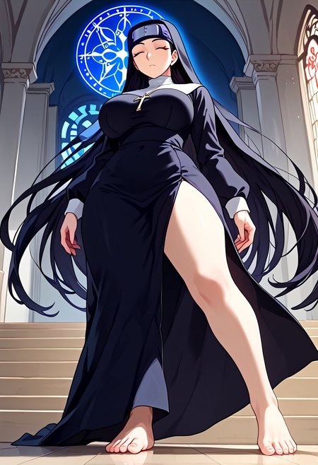score_9, score_8_up, score_7_up, source_anime, rating_safe, intricate details, anime screenshot, official style, 1girl, Kin Tsuchi, <lora:Kin tsuchi 8-000011:1>, kin tsuchi, milf, very long hair, dark hair, dark eyes, forehead protector, forehead protector with otogakure symbol, <lora:Anonym:1>, anonymous, closed eyes, indoor, expressionless, huge breasts, nun, habit, long dress, glowing skin, full body, bare feet, feet, leg raised, from below, standing, feet raised, skirt raised, holding skirt
