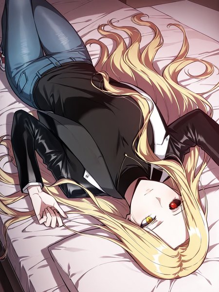 <lora:Omniscient_Readers_Viewpoint__Anna_Croft (1):1>
1girl, solo, long hair, wavy hair, blonde hair, side part, heterochromia, yellow right eye, red left eye, black sclera (left eye),
black turtleneck, black jacket, fitted jacket, long sleeve, modern outfit, blue jeans, belt, sneakers, necklace, pendant,
score_9, score_8_up, score_7_up, score_6_up, source_anime, masterpiece, best quality, top-down view, a beautiful woman lying on a bed, relaxed pose, long flowing hair spread on the pillow, soft lighting, cozy bedroom, gentle expression, elegant nightgown, delicate sheets, natural shadows, serene atmosphere, slight perspective distortion from above