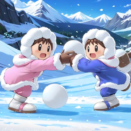 <lora:IceClimbersXL:0.7> iceclimbersxl, twins, snowball fight, (anime, masterpiece, intricate:1.3), (best quality, hires textures, high detail:1.2), (4k),(incredibly detailed:1.4),UHD, 8K, ultra detailed