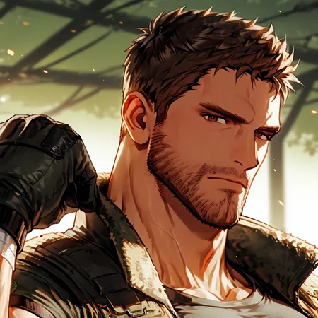 <lora:Chris_Redfield_Resident_Evil_Delegated_Roles:.8>, Chris Redfield, Brown hair, brown eyes, stubble, (tactical equipment), tactical Vest, bandaged arm, legband, tactical gloves, open clothing,
upper body, looking at the viewer,
(very short hair, beard, bara, mature, facial hair, stubble, beard, full beard, sideburn, beard, a lot of beard, ), facial hair,male focus, muscular male, muscular male, bara, mature,  bara, mature, aixiwuganda_(20222192), very awa, masterpiece, best quality, absurdres, newest, perfect quality, detailed background, intricate details,
<lora:slider_Body Type_alpha1.0_rank4_noxattn_last:3><lora:Anime Summer Days 2 Style SDXL_LoRA_Pony Diffusion V6 XL:.6><lora:slider_cfg_scale_boost:.7><lora:Artist6p:.55>, Artist6p, Artist04p,<lora:slider_il_brightness_slider_d1:-1><lora:slider_il_contrast_slider_d1:-1><lora:slider_DarkSlider1.2_alpha1.0_rank16_full_300steps:-.6>