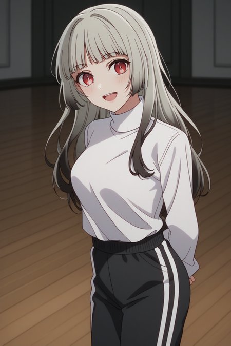 sscore_9, score_8_up, score_7_up, source_anime, 1girl, prefect lighting, very aesthetic, intricate details, highly detailed background, masterpiece, high quality, prefect hands, best quality, solo, 
<lora:Mei_Adashino_Oshi_No_Ko_V2:.85>, KJOmei, grey hair, red eyes, sidelocks, long hair, black colored tips, blunt bangs,
turtleneck, track pants, untucked shirt, 
arms behind back, smile, blush, looking at viewer, open mouth, from side, head tilt, leaning forward,
dancing studio, wooden floor,
(Beautiful, medium Breasts:1.2), natural breasts,