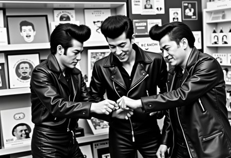 a photo of Japanese rockabilly thieves with awesome pompadours wearing leather in a Tokyo shop stealing.