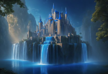 a floating castle in the air, a waterfall flows from the castle to the ground, epic composition, detailed, parts of the castle are made of deep blue crystal, intricate,