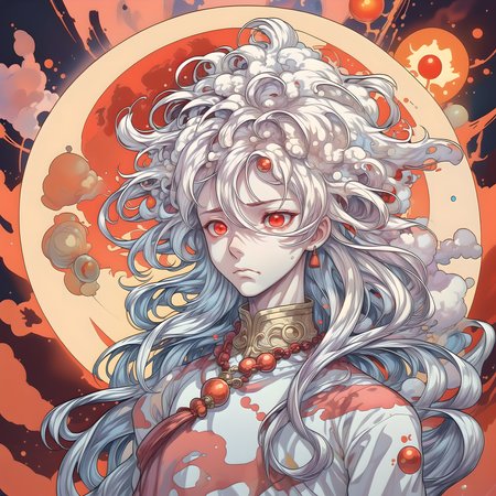1boy, upper body, white hair, red eyes, gold necklace, gem, slim, narrow waist, male focus, long hair, fluffy hair, sad face, Chinese clothes, sun in background, teen, 16 years old, sunlight, masterpiece, best quality, 
<lora:Cosmic anime-oil fusion v2:1>
 <lora:add_detail:1>