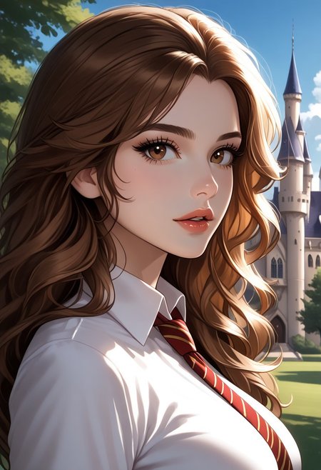 https://civitai.com/images/71069860
solo, (side view:1) masterpiece, best quality,masterpiece, best quality, good quality, very aesthetic, newest, 8K, depth of field, focused subject, BREAK, 1girl, hermione granger, brown eyes,close up, sexy lips, ecasagrande, looking at viewer, parted lips, flirty, 
(large breasts:1.2)
Hogwarts uniform, tie, school shirt,
Beautiful castle, trees, sunny, beautiful sky