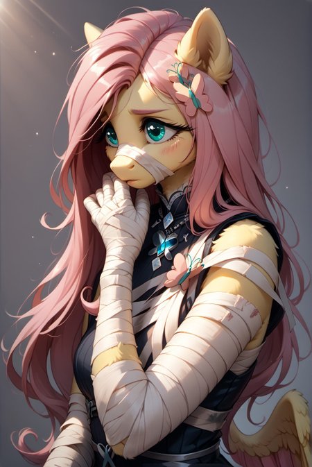 core_9, score_8_up, score_7_up, score_6_up, zPDXL3, (fluffy:1.1), (good_hands:1.3), (Fluttershy:2.0), (anthro), (pony:1.3), (wings:1.1), (close-up face:1.1), ghostly warrior, (white bandages wrapped around entire body:1.2), glowing red eyes (intense red light:1.2), long pink-white hair (flowing in the wind:1.2), mysterious, dark fantasy, mystical realism, (hyperrealistic details:1.3), (bandages, skin, facial features), gothic, ethereal, cold atmosphere, neutral background (cold gray and blue tones:1.2), battle scars, subtle scratches, haunting presence, (8k:1.3), (ultra-detailed:1.3), (sharp focus:1.3), (clear and crisp facial clarity:1.3), (defined facial contours around mouth and nose:1.3), (more bandages around mouth and nose:1.3), (cinematic composition:1.2), (volumetric lighting:1.2), (subsurface scattering:1.2), (Unreal Engine 5:1.2), (micro-shadows:1.2), (dynamic lighting:1.2), (intricate facial details:1.3) (soft blush, glossy lips, visible pores), (well-defined hands:1.3), (accurate hand anatomy:1.3), (detailed fingers:1.3), (clear and well-proportioned fingers:1.3)