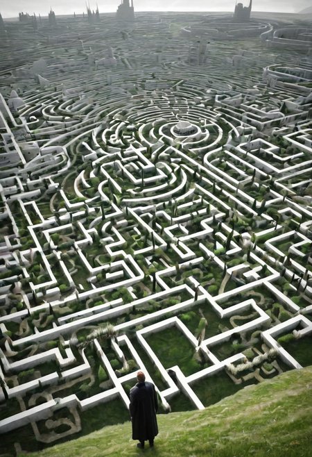 castle , A traveler contemplates a gigantic labyrinth made up of dozens of white, grass, medical towers.